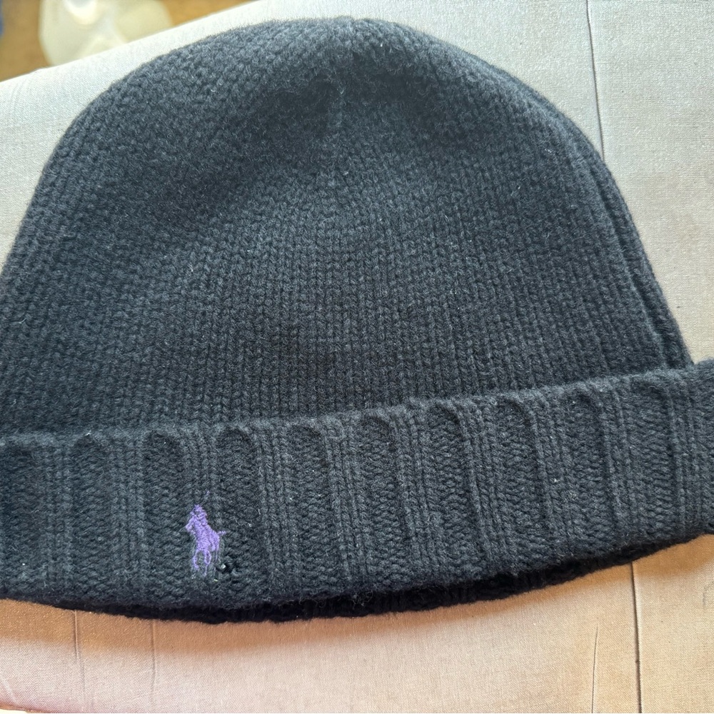 Polo by Ralph Lauren Black Knit Hat with purple Logo